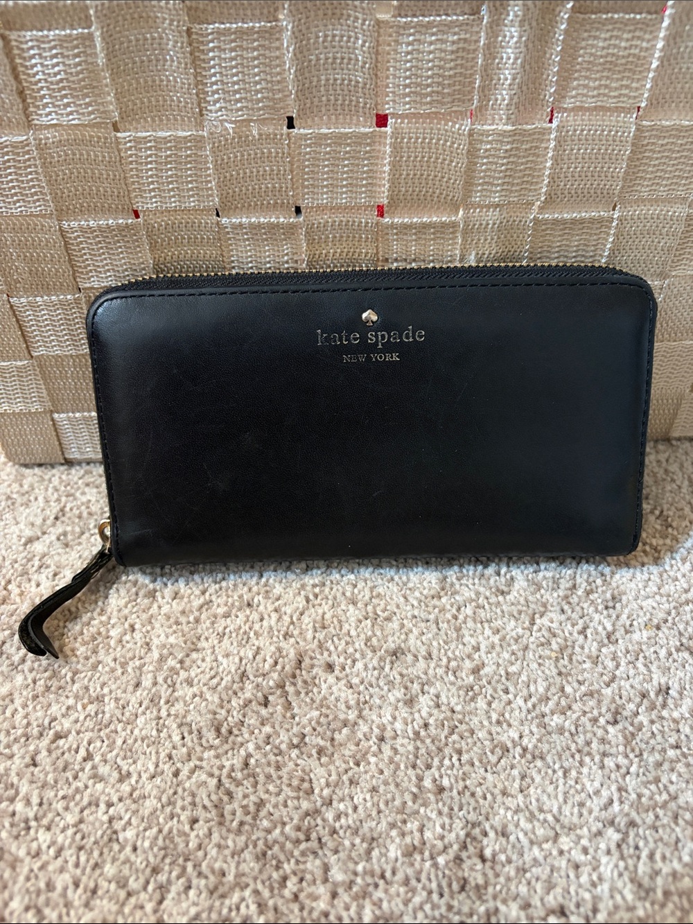 Kate Spade Black Smooth Leather Zip Around Continental Wallet Polka Dot Lining